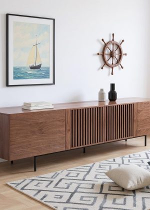 94.48" Mid Century Modern TV Stand for TVs up to 70"-90",Tv Console with 4 Storage Cabinets, Media Furniture for Living Room or Bedroom,Walnut