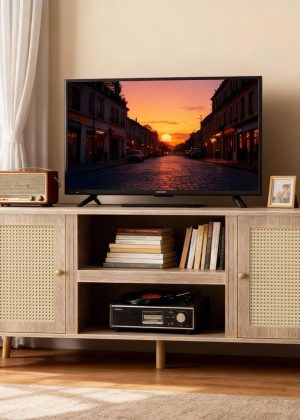 Rattan TV Stand for 65 Inch Television with Charging Station,59" Mid Century Modern Entertainment Center, Boho Media Console with Storage Cabinet Open Shelves for Living Room,Natural