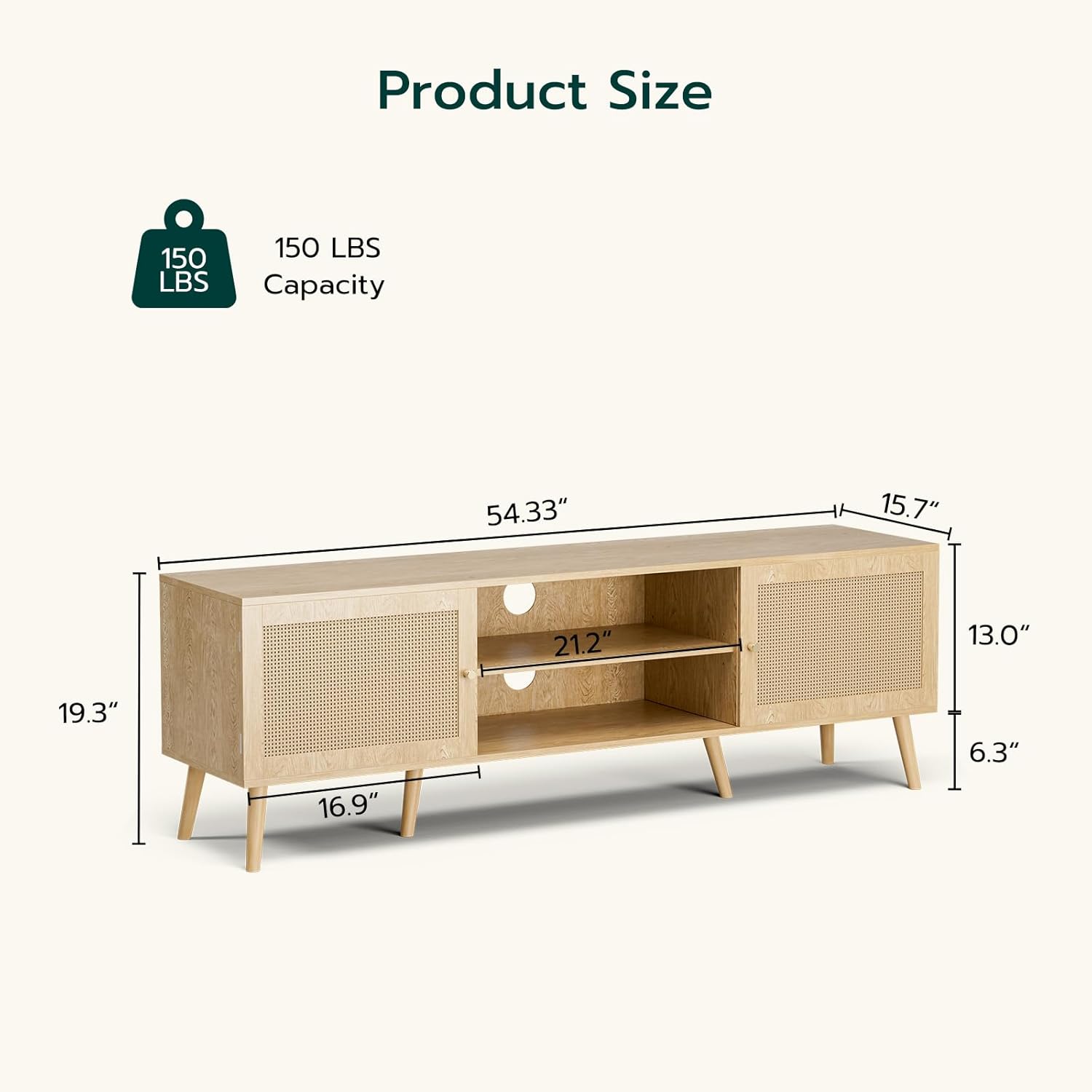 TV Stand for TVs up to 65'', Entertainment Center With Rattan Door, Shelves & 2 Cabinets, Long Boho Media Console for Living Room, Natural - Image 2