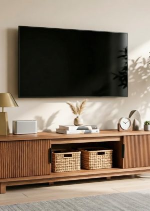 Fluted TV Stands for Living Room, 58" Mid Century Modern Entertainment Center with Storage, Brown Walnut TV Console for 55/60/65 Inch TV, Wood Television Media Cabinet for Bedroom