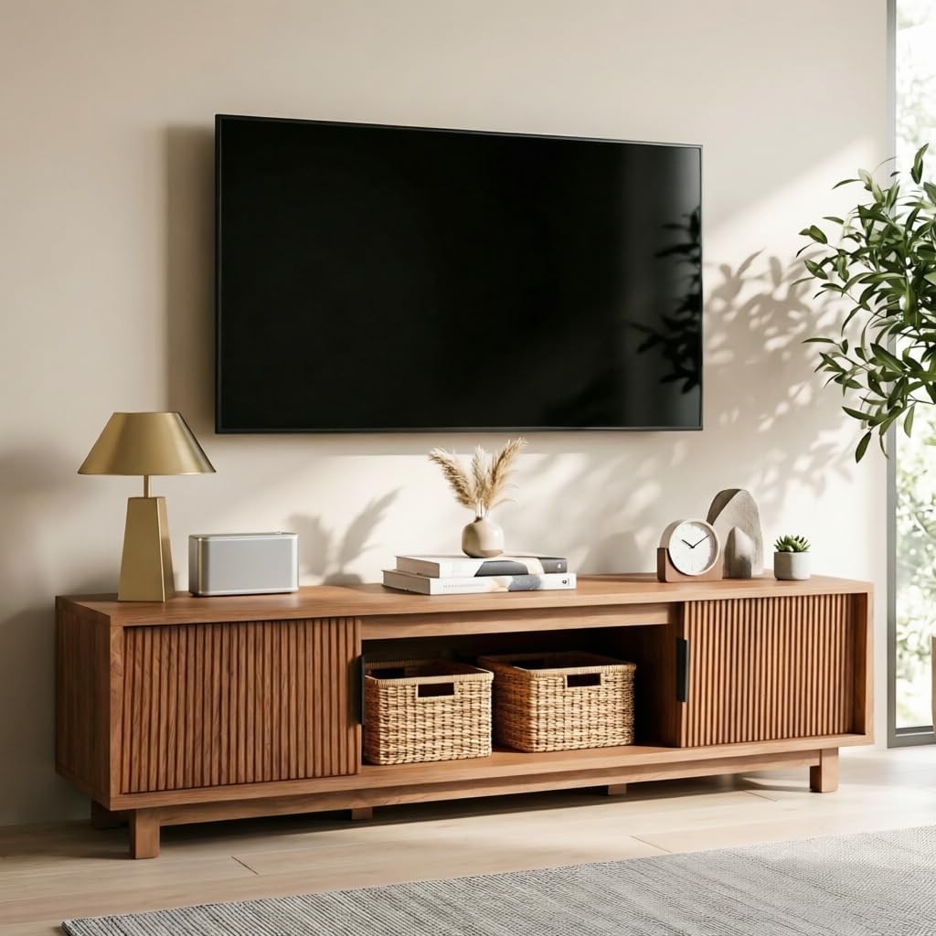 Fluted TV Stands for Living Room, 58" Mid Century Modern Entertainment Center with Storage, Brown Walnut TV Console for 55/60/65 Inch TV, Wood Television Media Cabinet for Bedroom