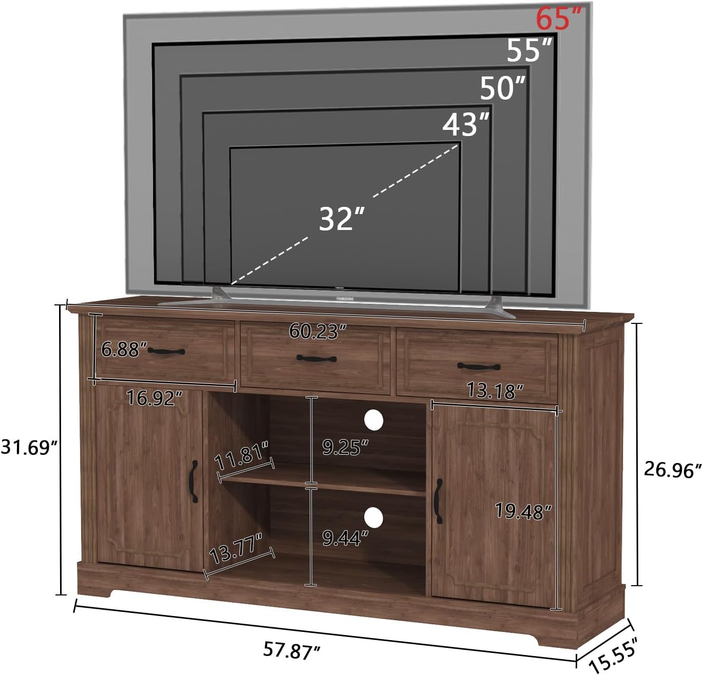 TV Stand with 3 Drawers for TV up to 65'', Wood Mid Century Television Cabinet with Adjustable Shelves, Entertainment Center with Storage, Console for Living Room, Walnut - Image 2