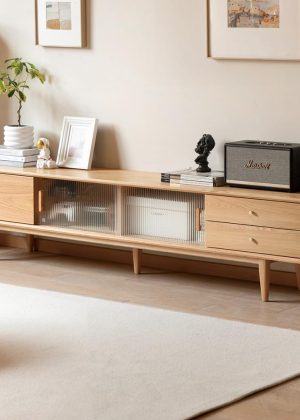 78.74" L Solid Oak Wood TV Stand for 70-85 Inch TVs, Entertainment Center with Storage, Glass Sliding Door TV Console with 2 Drawers and 3 Cabinets, TV Stands for Living Room (Oak Wood - Log Color)