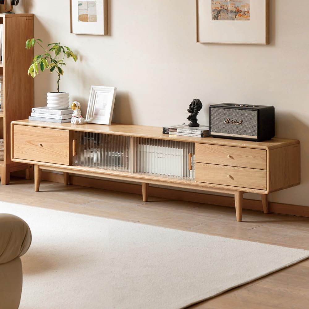 78.74" L Solid Oak Wood TV Stand for 70-85 Inch TVs, Entertainment Center with Storage, Glass Sliding Door TV Console with 2 Drawers and 3 Cabinets, TV Stands for Living Room (Oak Wood - Log Color)