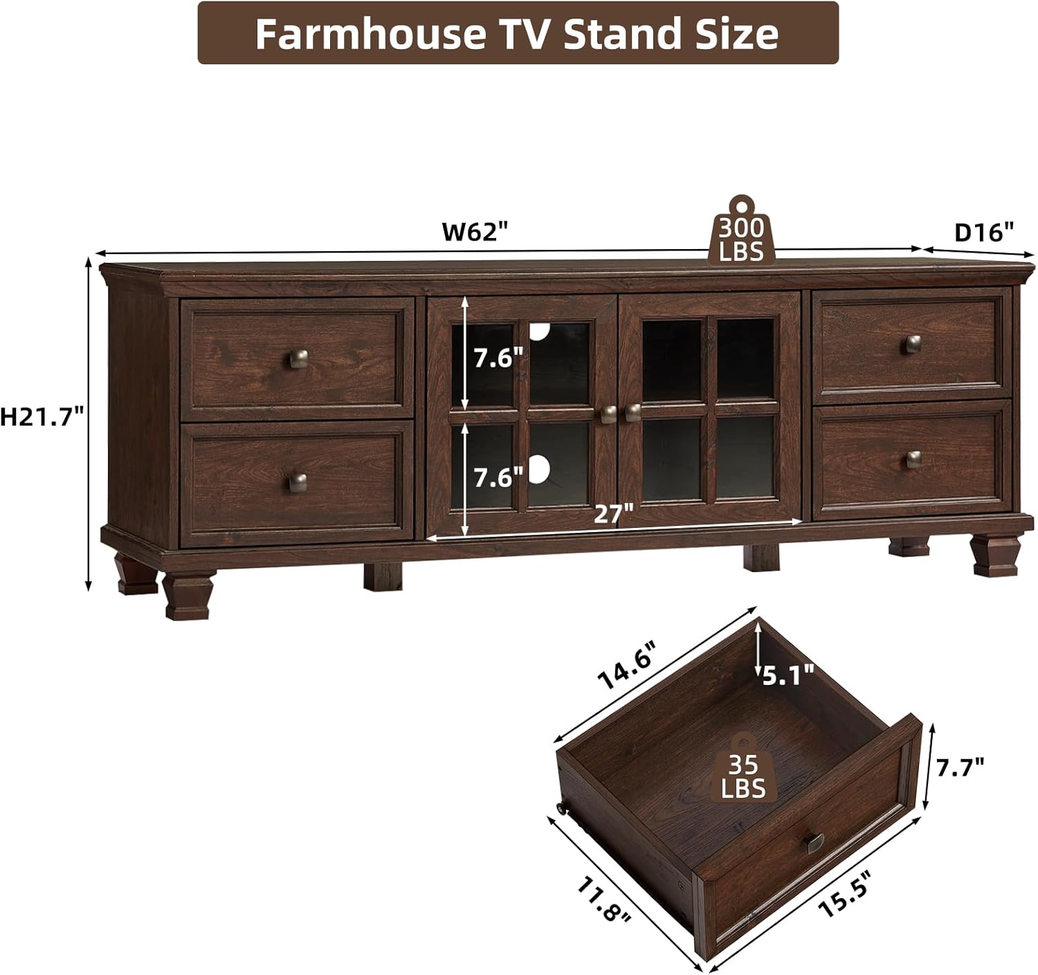 Farmhouse TV Stands for Living Room, Brown Entertainment Center with Storage, Wood TV Console with 4 Drawers, Rustic TV Cabinet for 65 inch TV, Walnut - Image 2