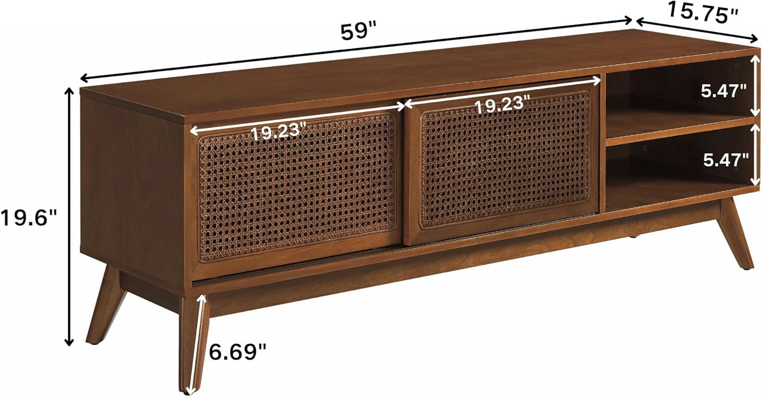 Mid Century Modern Rattan TV Stand for 65 Inch TV,59" Boho Media Console with Sliding Doors & Open Shelves,Solid Wood Legs for Living Room,Light Walnut - Image 2