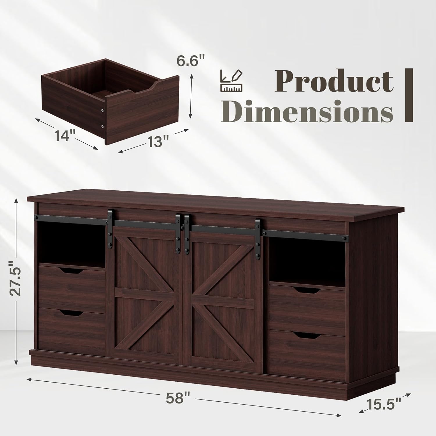 Farmhouse TV Stand for Televisions up to 65 Inch, Wood Entertainment Center with Sliding Barn Doors and 4 Storage Drawers, 58’’ Media Console Cabinet with Shelves for Living Room, Espresso - Image 2