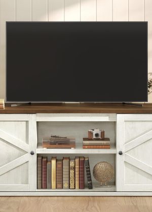 Farmhouse TV Stand for TVs up to 65 Inches, Entertainment Center with Storage Cabinets and Sliding Barn Doors, Media Console Table for Living Room, Rustic White and Honey Brown