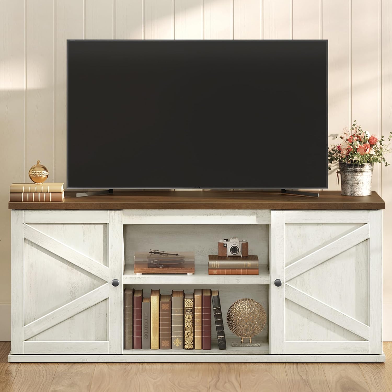 Farmhouse TV Stand for TVs up to 65 Inches, Entertainment Center with Storage Cabinets and Sliding Barn Doors, Media Console Table for Living Room, Rustic White and Honey Brown