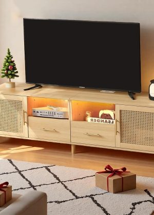 Rattan TV Stand for 70 Inch TV, 63" Modern Entertainment Center with LED Light & Storage Shelves, 2 Drawers and Cabinets, Rattan Door, Boho TV Stand with Outlet for Living Room, Wood