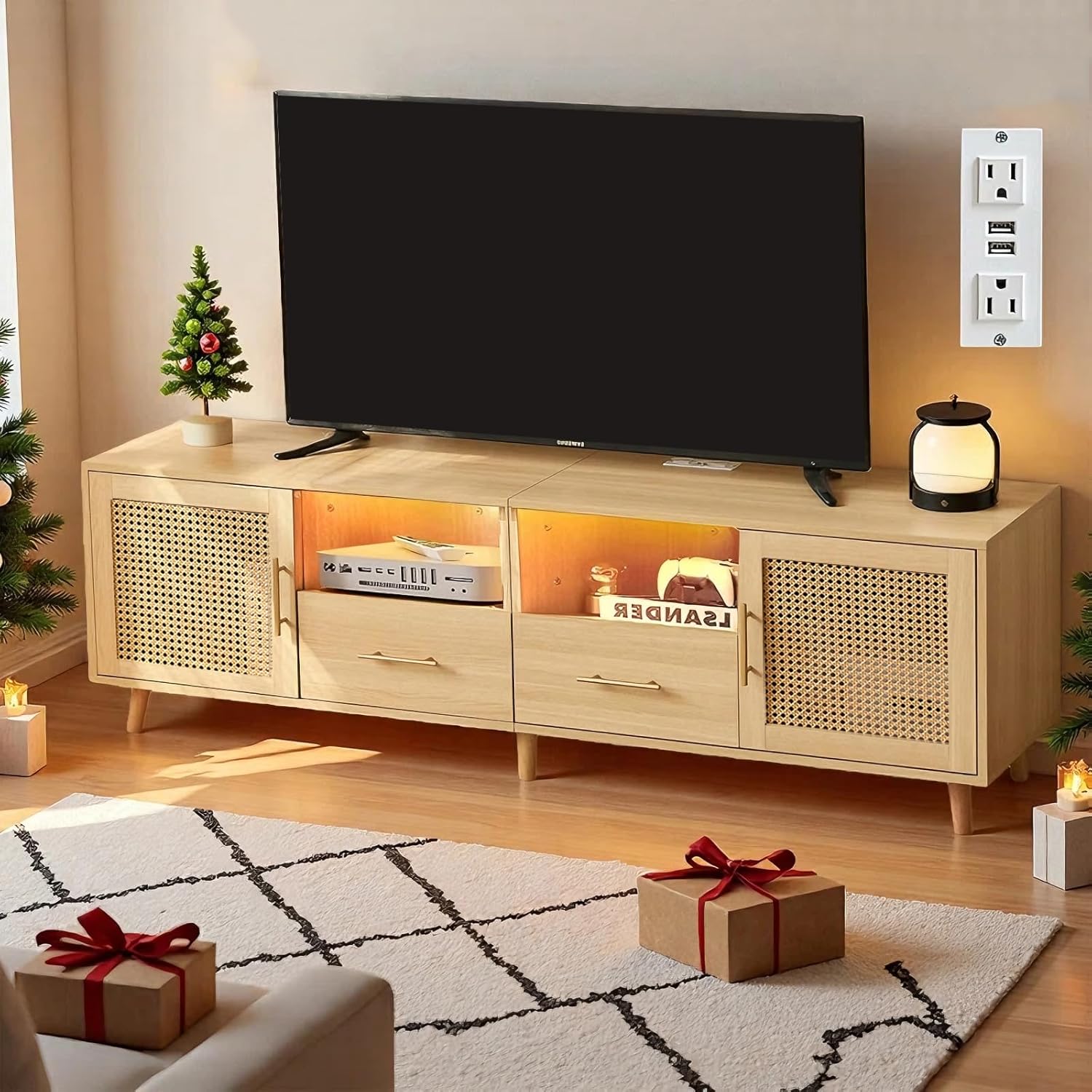 Rattan TV Stand for 70 Inch TV, 63" Modern Entertainment Center with LED Light & Storage Shelves, 2 Drawers and Cabinets, Rattan Door, Boho TV Stand with Outlet for Living Room, Wood