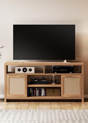 Rattan Tall TV Stand for TVs up to 65 Inchs, Entertainment Center with Storage Cabinets and Open Shelf, Media Console for Living Room Mid Century Consoles Table, Weathered Oak