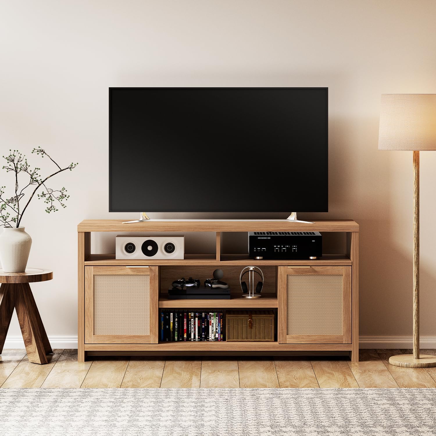 Rattan Tall TV Stand for TVs up to 65 Inchs, Entertainment Center with Storage Cabinets and Open Shelf, Media Console for Living Room Mid Century Consoles Table, Weathered Oak