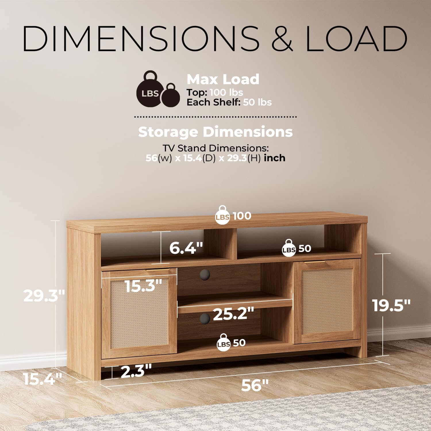 Rattan Tall TV Stand for TVs up to 65 Inchs, Entertainment Center with Storage Cabinets and Open Shelf, Media Console for Living Room Mid Century Consoles Table, Weathered Oak - Image 2