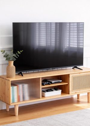 Rattan TV Stand for 55 Inch TV, Bamboo TV Cabinet with Adjustable Shelf and Storage, Boho Entertainment Center, Mid Century Modern Media Console for Bedroom, Living Room, Study (Natural)