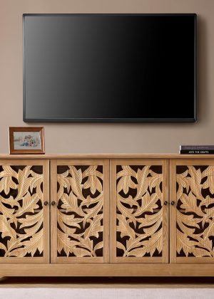 Solid Wood Carved Sideboard with Adjustable Shelves, 63”W Versatile TV Stand & Storage Buffet with Cable Management, Elegant Traditional Accent Cabinet for Living Room, Fits 65 Inch TV