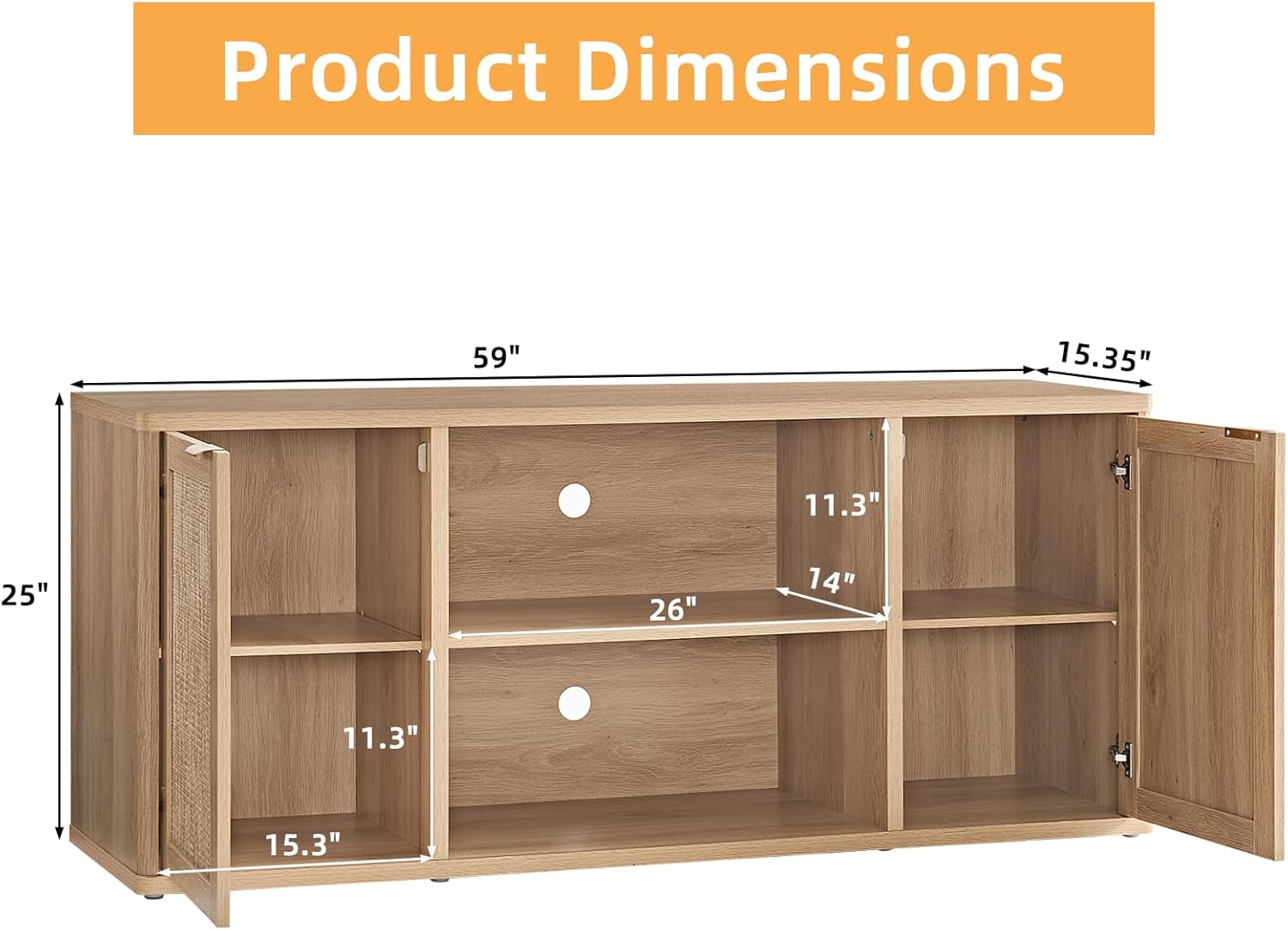 Rattan TV Stands for Living Room, Boho TV Cabinet with Storage and Open Shelf, Rustic Wood Entertainment Center, Media Console for 50-65 Inch TV, Natural Wood - Image 2