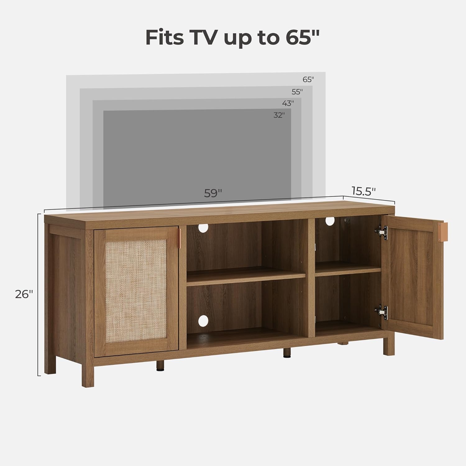 TV Stands for Living Room : Rattan TV Console Cabinet with Storage and Shelf, Boho Entertainment Center, 59" Media Console for 55, 65 Inch TV, 26" Tall Television Stands, Oak - Image 2