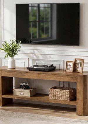 59" Solid Wood TV Stand for 55/65-Inch TVs, Farmhouse Entertainment Center with Open Storage Shelves, Low Media Console, Long Television Stand for Living Room, Bedroom, Brown