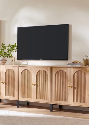 Modern TV Stands for 80 inch tvs, 92.63" W Wood Entertainment Center w/Adjustable Shelves, Mid Century Modern TV Stand w/Arched Fluted Doors, Media Console Cabinet for Living Room, Natural
