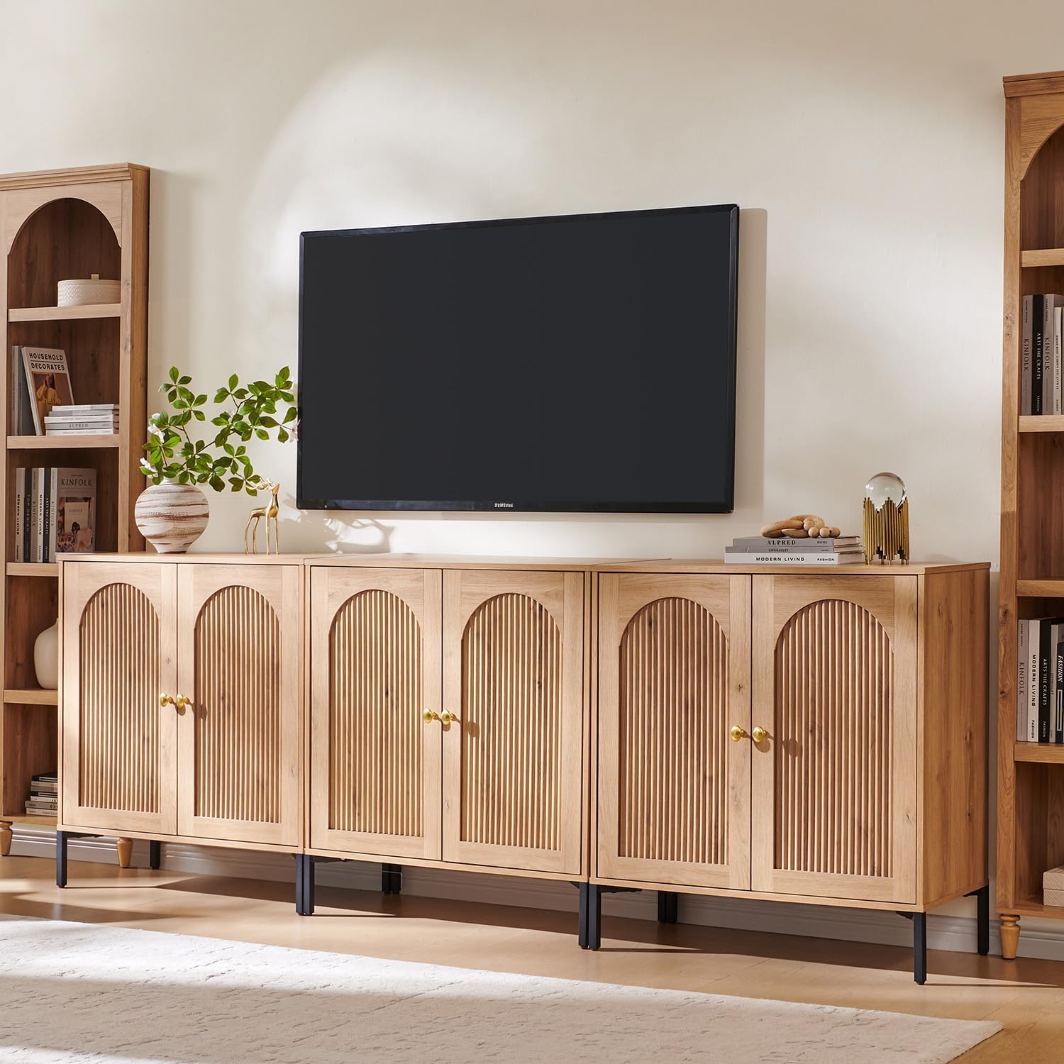 Modern TV Stands for 80 inch tvs, 92.63" W Wood Entertainment Center w/Adjustable Shelves, Mid Century Modern TV Stand w/Arched Fluted Doors, Media Console Cabinet for Living Room, Natural