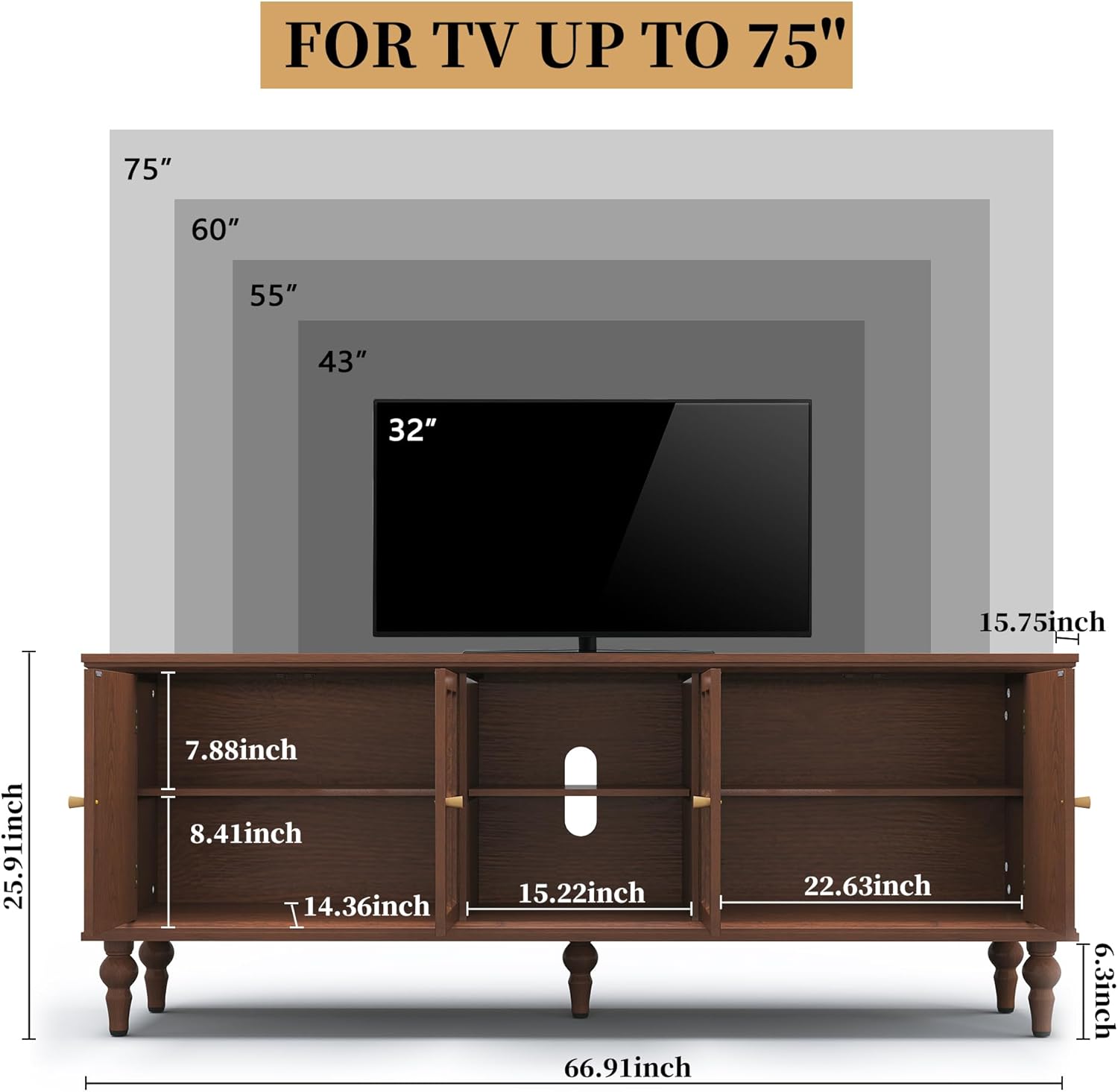 67" Mid Century Modern TV Stand with Window Design,Wood Entertainment Center with Open Shelf,Up to 70" Media TV for Living Room or Bedroom,Walnut - Image 2