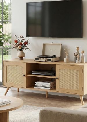 Mid Century Modern Rattan TV Stand for 55/60 Inch TV - 53" Boho Media Console Table with Cane Doors & Open Shelves, Oak Wood Finish Entertainment Center for Living Room, Hallway, Entryway