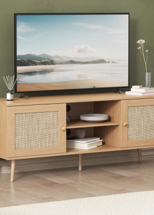 Rattan TV Stand for 55/60 inch TV, Boho 53" Entertainment Center with Storage, Modern Mid Century Media Console with Rattan Doors and Adjustable Shelf, Wood TV Stand for Living Room, Oak
