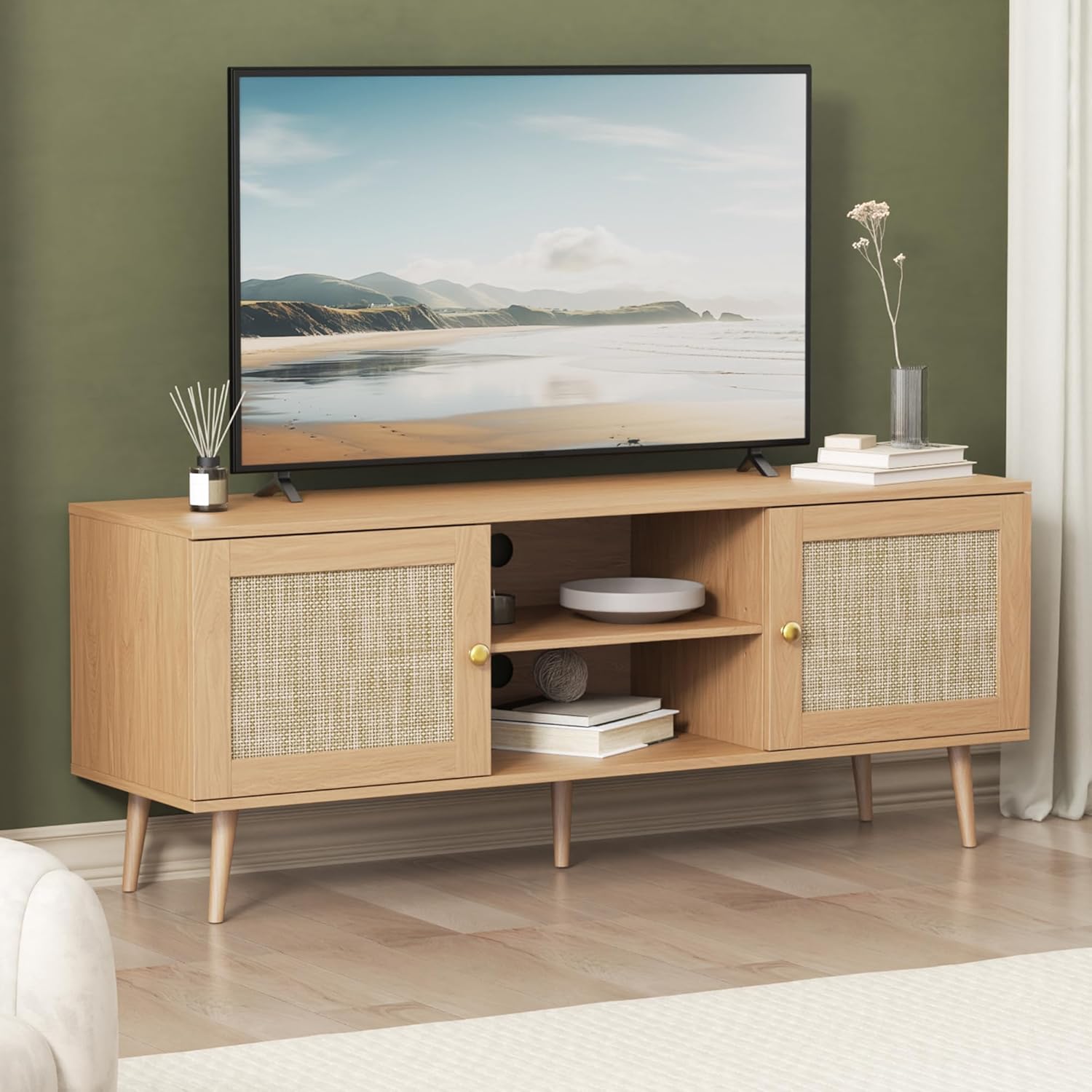 Rattan TV Stand for 55/60 inch TV, Boho 53" Entertainment Center with Storage, Modern Mid Century Media Console with Rattan Doors and Adjustable Shelf, Wood TV Stand for Living Room, Oak