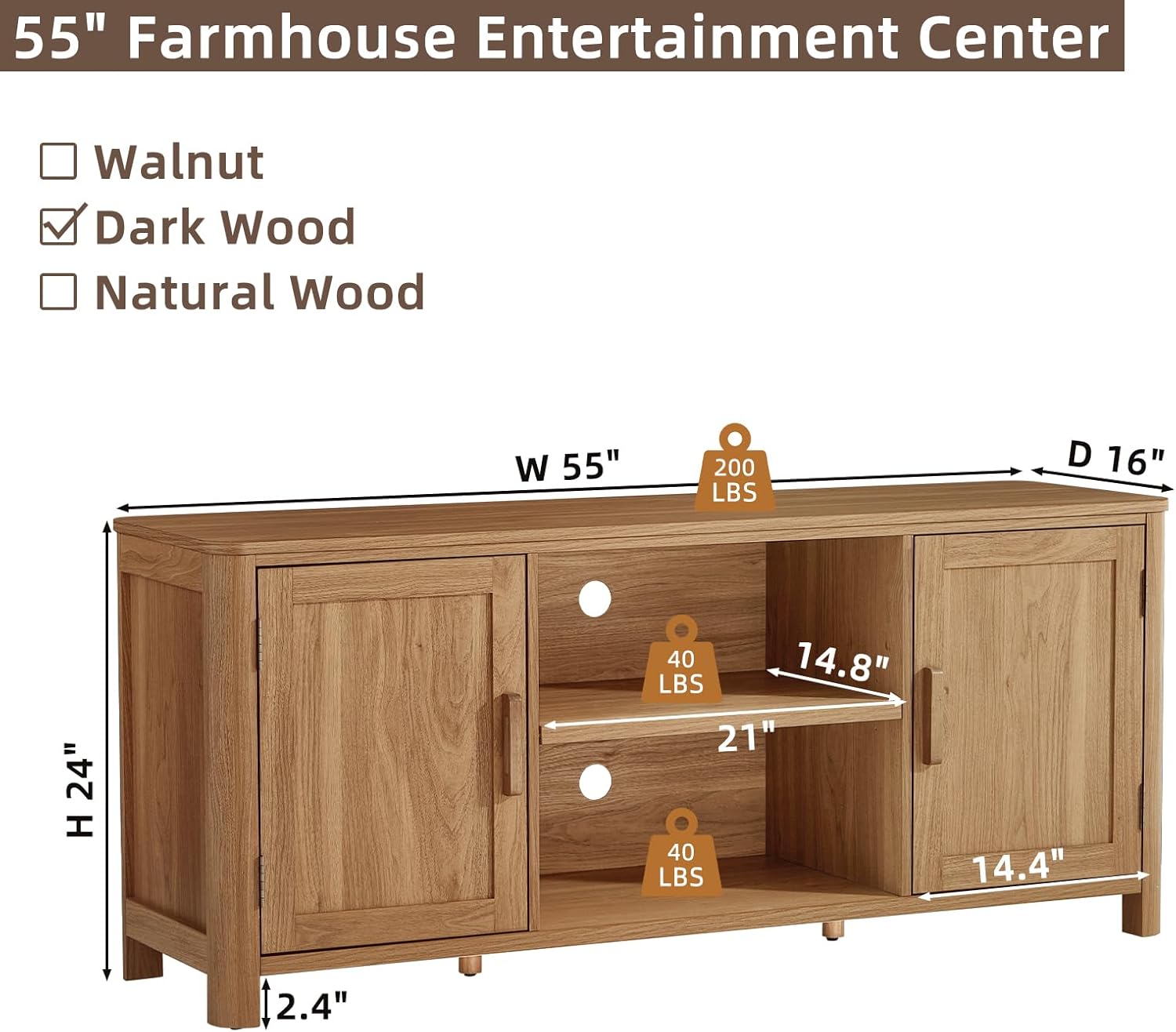 Farmhouse 55" Tv Stand,Dark Wood Entertainment Center with Adjustable Shelves & 2 Door Storage,Wooden Media Console Cabinet for TVs Up to 65 inches, Rustic Tv Stands for Living Room,Bedroom - Image 2