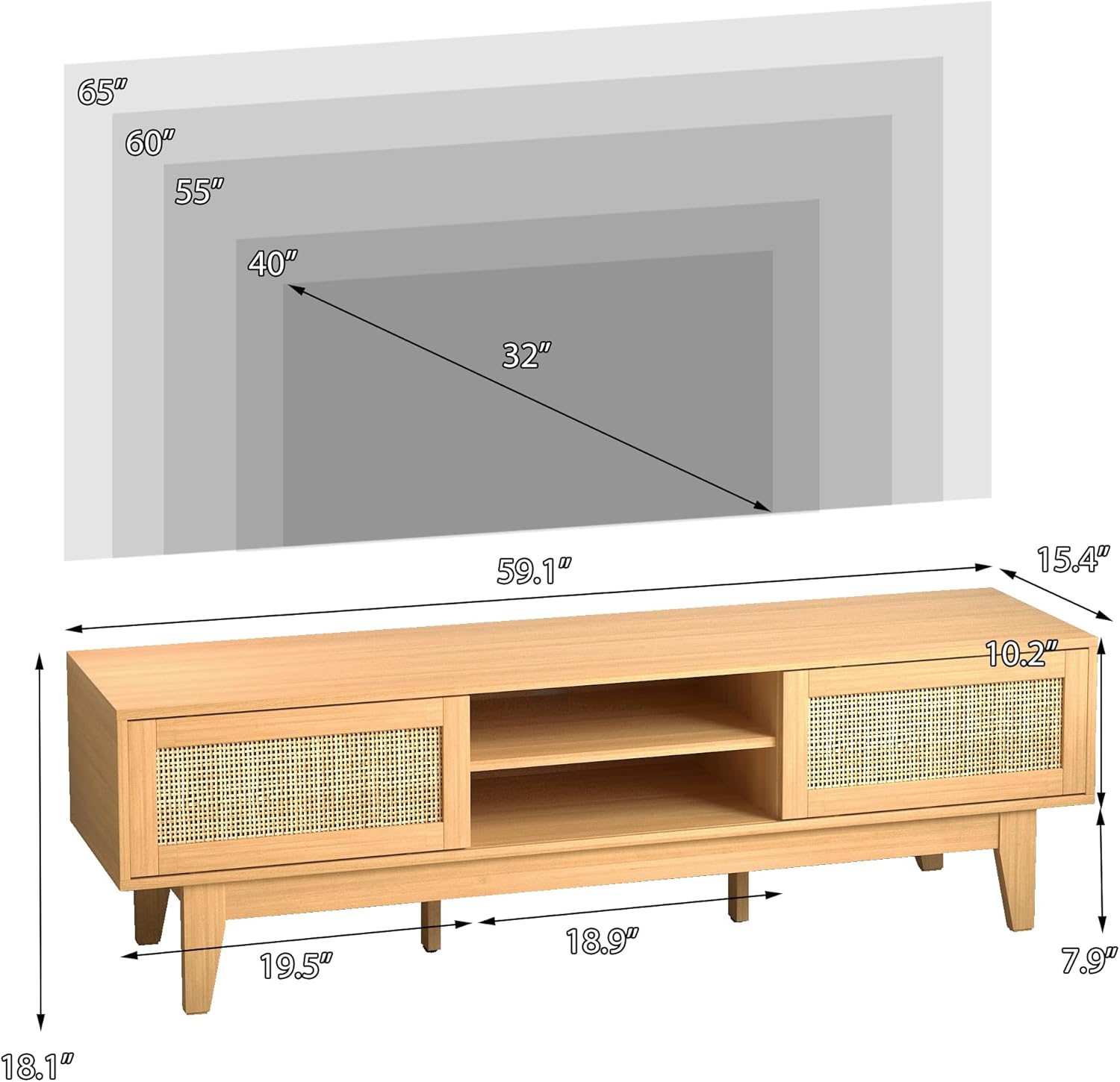 Boho TV Stand for 55 65 Inch TV, Rattan Entertainment Center with Shelves, Cabinets and Sliding Doors, TV Media Console Table with Solid Wood Feet & Cord Holes for Living Room, Bedroom, Natural - Image 2