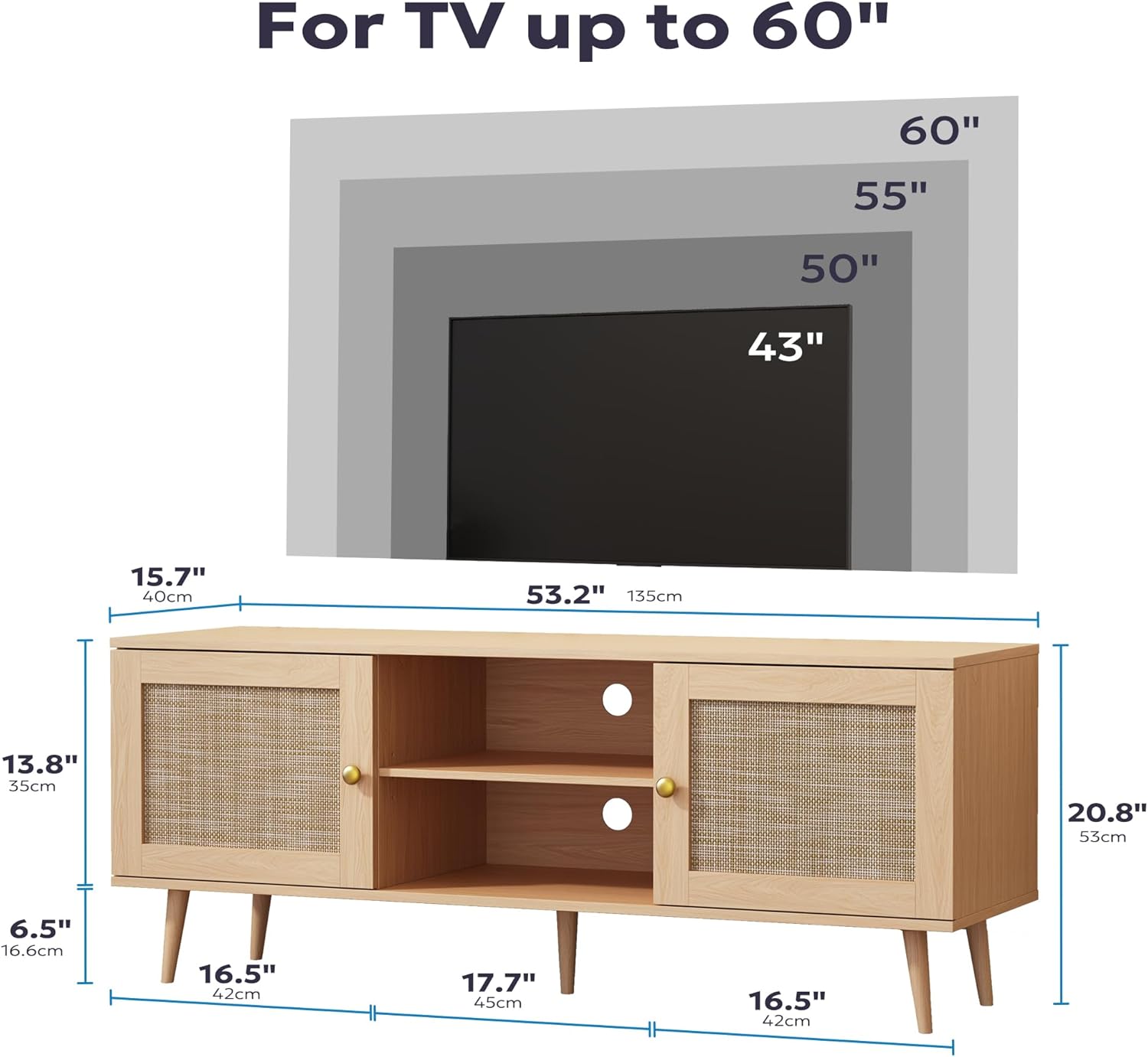 Rattan TV Stand for 55/60 inch TV, Boho 53" Entertainment Center with Storage, Modern Mid Century Media Console with Rattan Doors and Adjustable Shelf, Wood TV Stand for Living Room, Oak - Image 2