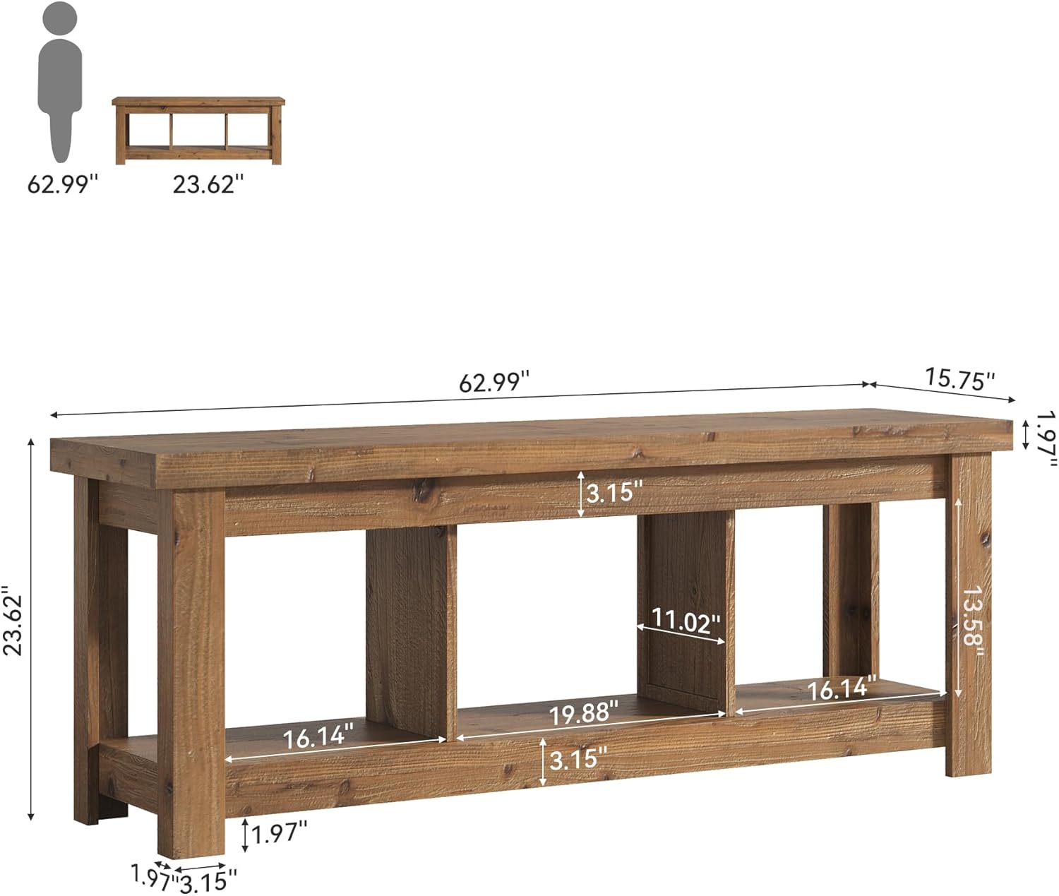 63" Solid Wood TV Stand, Entertainment Center for 65 inch TVs, Farmhouse Style with 3 Open Storage Shelves, Rustic Brown Console for Living Room Bedroom, Fits 55 60 65 75 Inch Television - Image 2