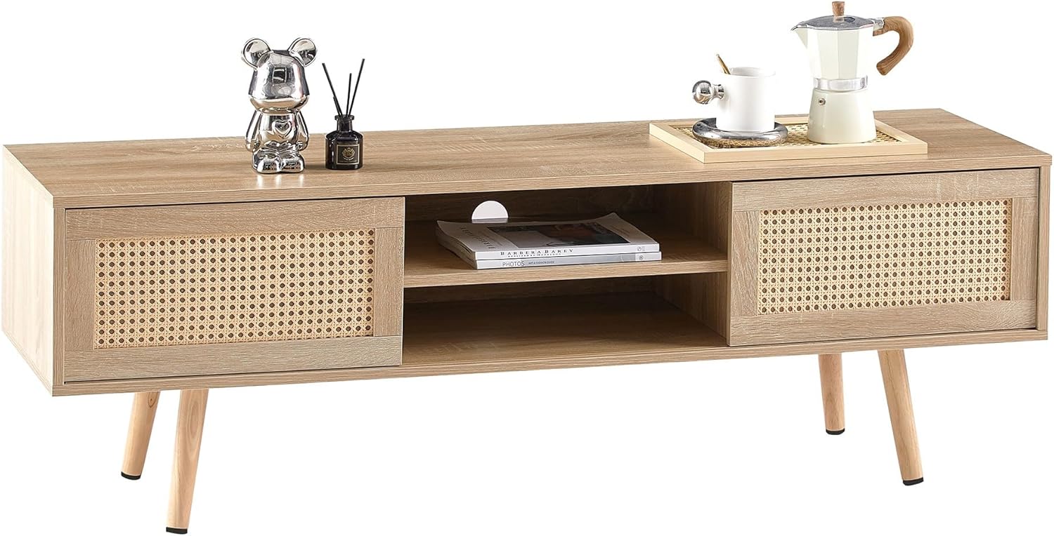 Rattan Weaving in Natural Wood Color TV Stand for TVs up to 55 Inch, TV Cabinet with Sliding Rattan Woven Door, Ideal for Living Rooms and Entertainment Centers - Image 2