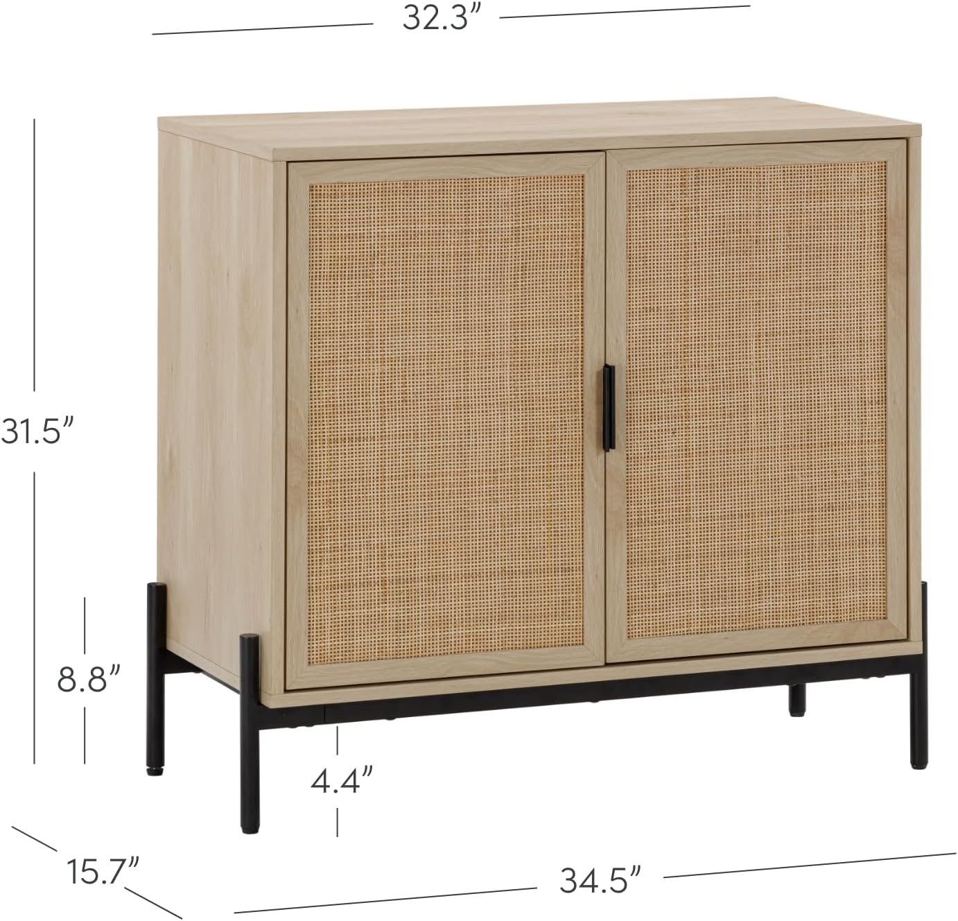 Bohemian TV Stand or Kitchen Sideboard Credenza, Rattan Accent Cabinet with Metal Legs, Light Oak/Matte Black, Set of 2 - Image 2