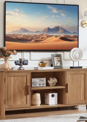 Farmhouse 55" Tv Stand,Dark Wood Entertainment Center with Adjustable Shelves & 2 Door Storage,Wooden Media Console Cabinet for TVs Up to 65 inches, Rustic Tv Stands for Living Room,Bedroom