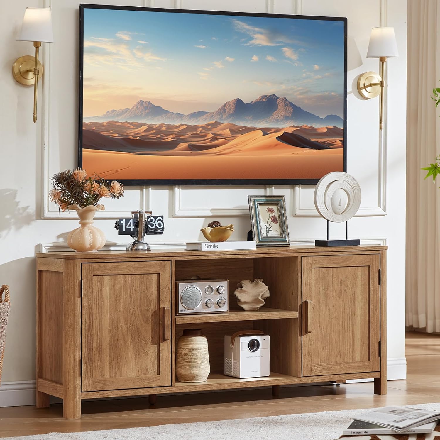 Farmhouse 55" Tv Stand,Dark Wood Entertainment Center with Adjustable Shelves & 2 Door Storage,Wooden Media Console Cabinet for TVs Up to 65 inches, Rustic Tv Stands for Living Room,Bedroom