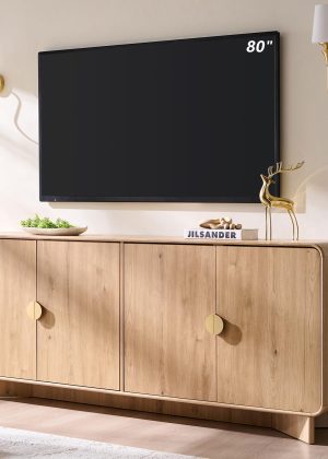 70" Modern TV Stand for TVs Up to 80 inches, 30" Tall Entertainment Center with Storage and Adjustable Shelves, TV Console with Curved Profile Design, Media Console for Living Room, Natural Oak