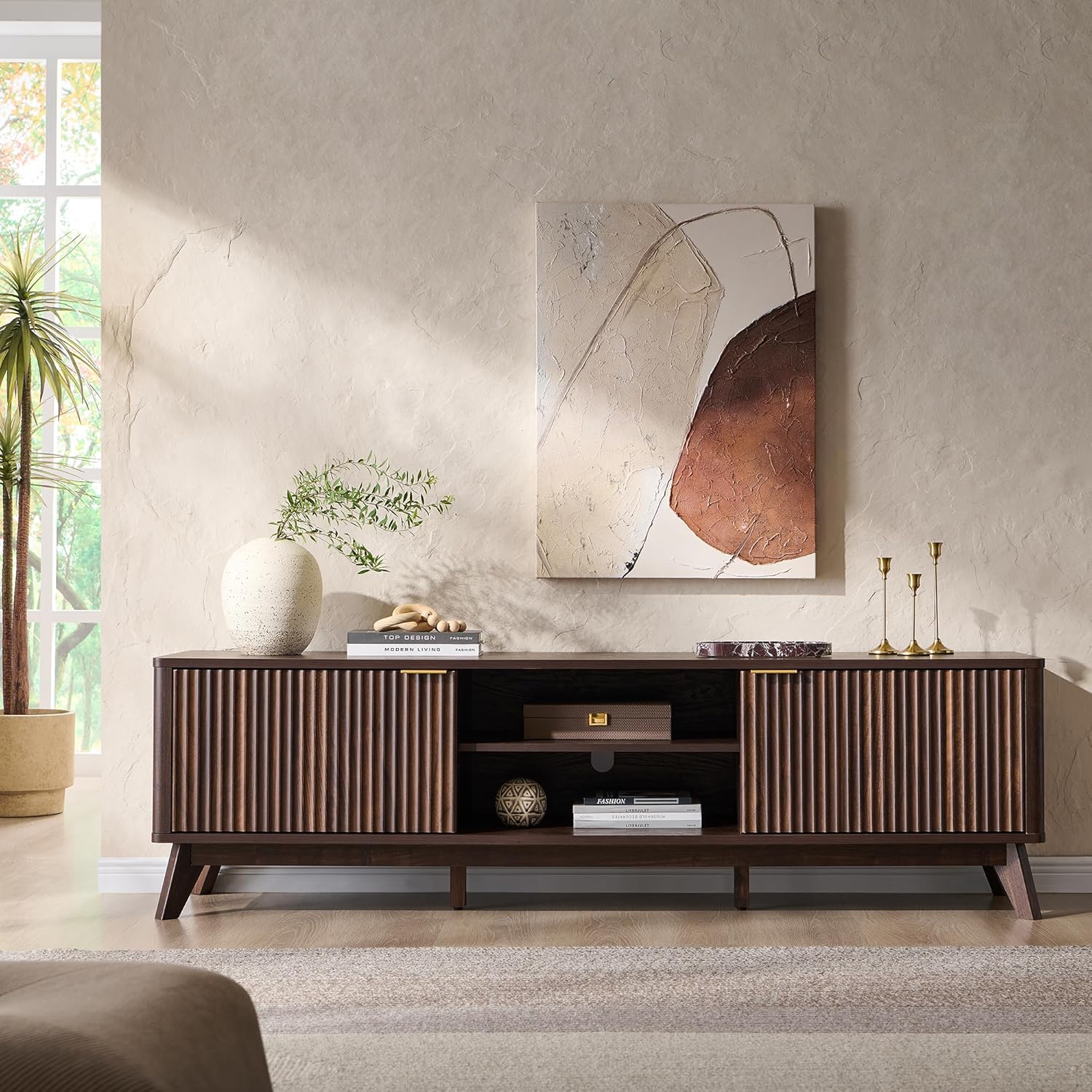 70" Mid Century Modern Fluted TV Stand, Entertainment Center, Sideboard, Media Console for Living Room with 2 Soft Close Door/Adjustable Shelves (Dark Walnut) - Image 2