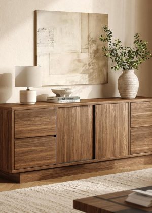 70'' Wide TV Stand for TVs Up to 75'', Wood Entertainment Center with Sliding Doors and Drawers, Television Console Storage Cabinet with Adjustable Shelves for Living Room, Bedroom, Walnut