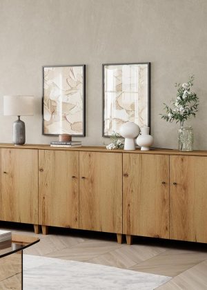 TV Stand Cabinets for 85+ Inches TVs, 3-in-1 Wood Entertainment Center with Doors and 9 Compartments, 106" Modern Media Console Table with Storage for Living Room Bedroom, Oak Brown