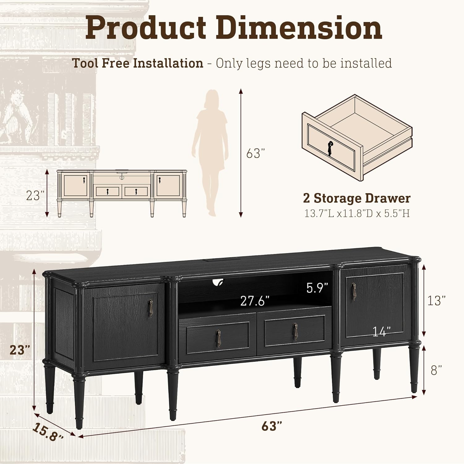 63" Pre-Assembled Tv Stand w/Power Outlet, Solid Wood Grain TV Consoles w/2 Cabinets & 2 Drawers, Mid Century Modern Entertainment Center for Living Room, Fits TVs up to 75", Black Oak - Image 2