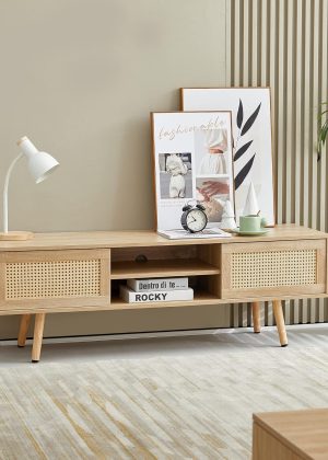 55.12" Rattan TV Cabinet with Double Sliding Doors, Adjustable Shelf, Solid Wood Legs, 220 lb Capacity TV Console for Living Room, Rattan Woven Media Stand Natural