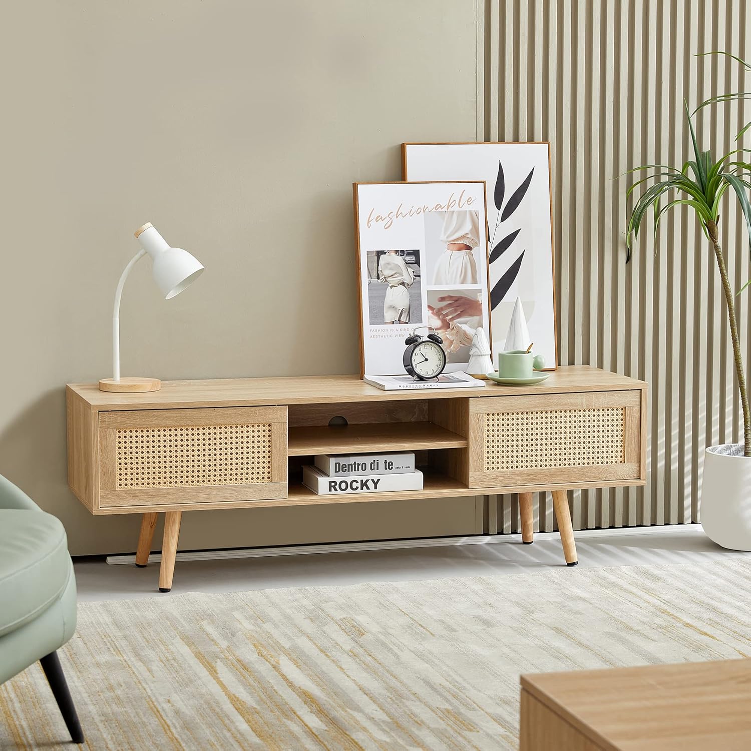 55.12" Rattan TV Cabinet with Double Sliding Doors, Adjustable Shelf, Solid Wood Legs, 220 lb Capacity TV Console for Living Room, Rattan Woven Media Stand Natural