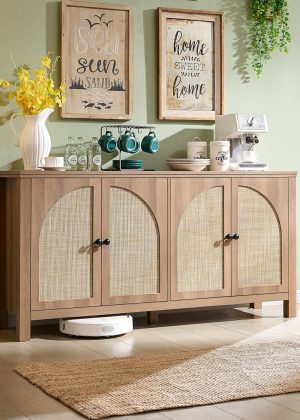 Rattan Buffet Cabinet with Storage - 4 Soft-Close Doors Sideboard for Dining Room & Living Room, Coffee Bar Cabinet with Adjustable Shelves