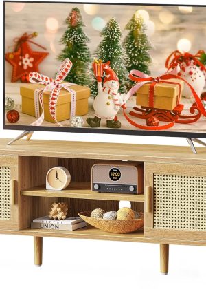 Boho TV Stand for 65 Inch TV, Entertainment Center with Adjustable Shelf, Rattan TV Console with 2 Cabinets, Media Console, Solid Wood Feet, 4 Cord Holes, for Living Room - Natural