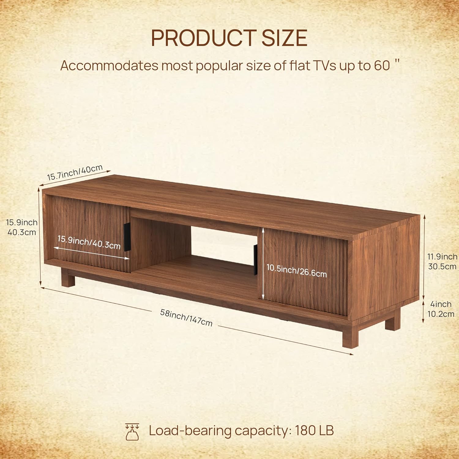 Fluted TV Stands for Living Room, 58" Mid Century Modern Entertainment Center with Storage, Brown Walnut TV Console for 55/60/65 Inch TV, Wood Television Media Cabinet for Bedroom - Image 2
