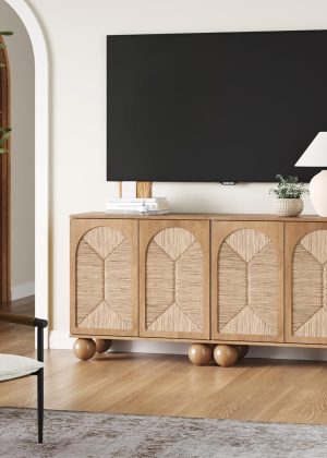Boho TV Stand or Sideboard Cabinet for Kitchen or Living Room with Ball-Style Feet, Natural Seagrass Door Fronts and Solid Wood Legs, Light Brown, Set of 2