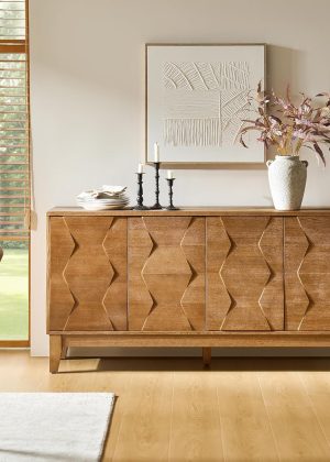 Mid Century Sideboard Buffet Cabinet with Solid Wood Legs, 60" Kitchen Storage Cabinet Credenza with 4 Doors and 2 Shelves, Accent Console Table (Seadrift)