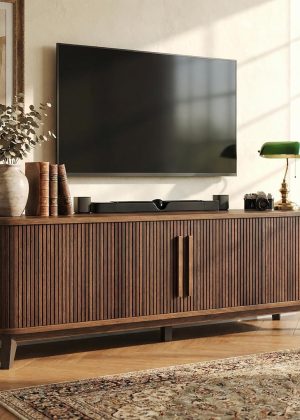 66" Mid Century Modern TV Stand, Wood Curved Entertainment Center for TVs up to 80" with Sliding Doors & Adjustable Shelves, Media Console with Storage & Solid Wood Leg for Living Room, Walnut